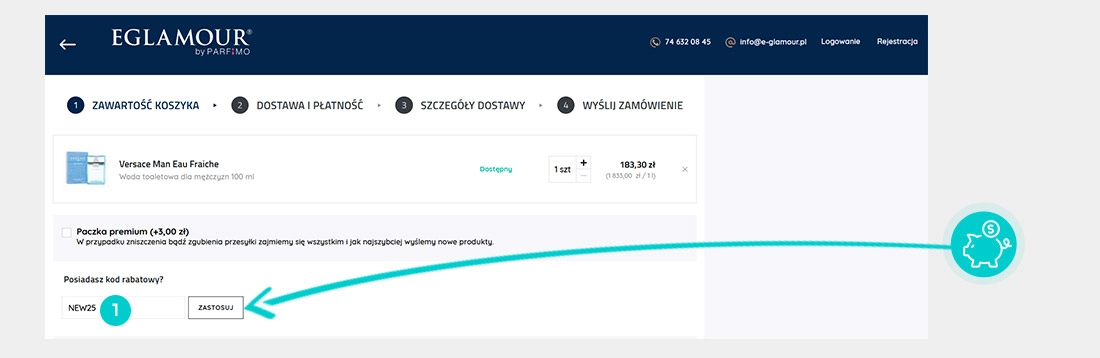 Instrukcja jak wpisać kod rabatowy w koszyku zakupownym e-Glamour