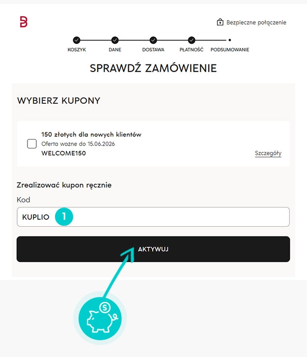 Instrukcja jak wpisać kod rabatowy w koszyku zakupownym Breuninger