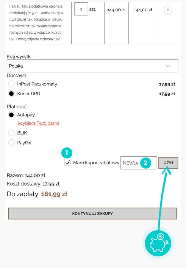 Instrukcja jak wpisać kod rabatowy w koszyku zakupownym Jestem w bajce
