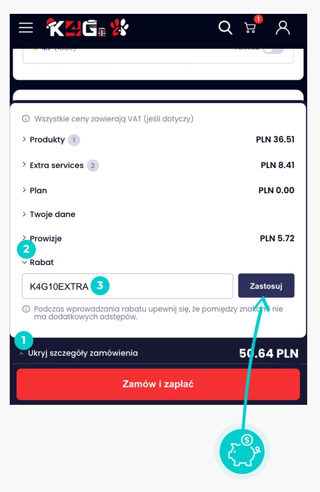 Instrukcja jak wpisać kod rabatowy w koszyku zakupownym K4G
