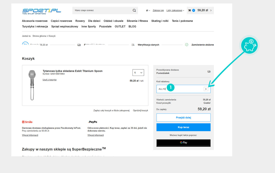 Instrukcja jak wpisać kod rabatowy w koszyku zakupownym Sporti.pl