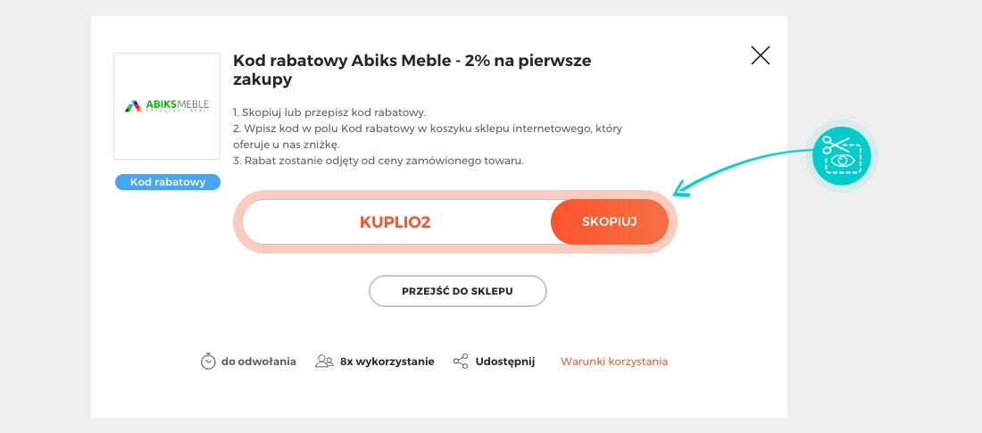 Instrukcja jak skopiować kod rabatowy dla Abiks Meble
