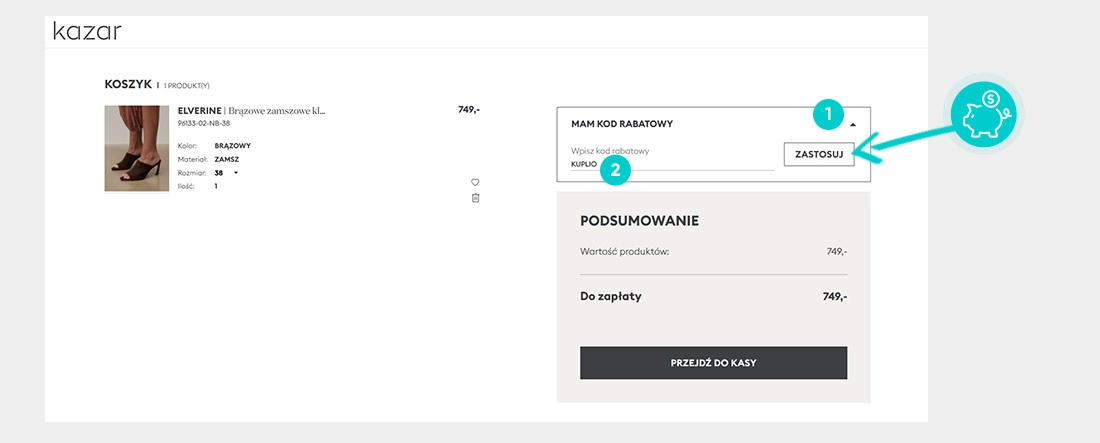Instrukcja jak wpisać kod rabatowy w koszyku zakupownym Kazar