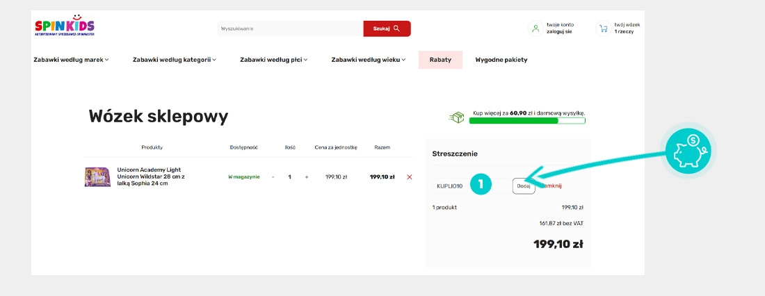 Instrukcja jak wpisać kod rabatowy w koszyku zakupownym Spinkids