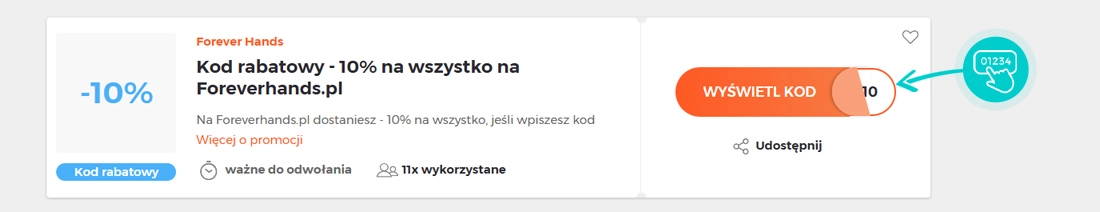 Przykład kodu rabatowego dla Forever Hands