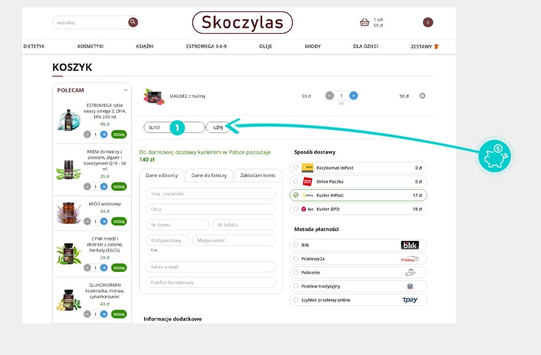 Instrukcja jak wpisać kod rabatowy w koszyku zakupownym Skoczylas