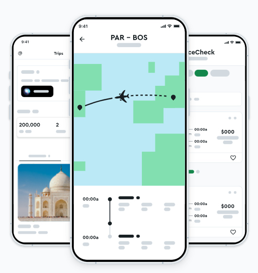 Ekrany trzech telefonów z aplikacją podróżniczą