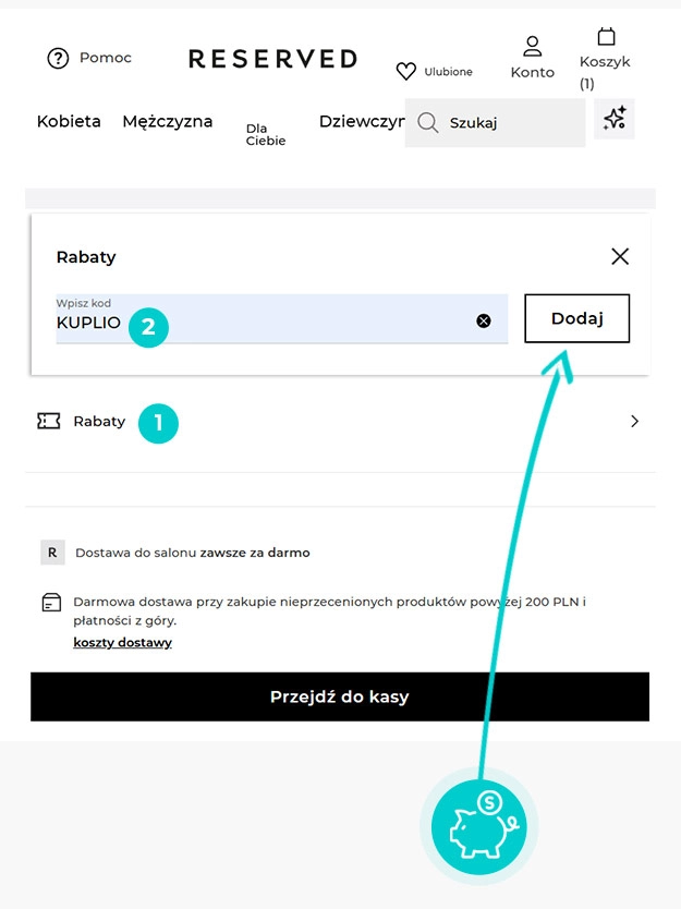 Instrukcja jak wpisać kod rabatowy w koszyku zakupownym Reserved
