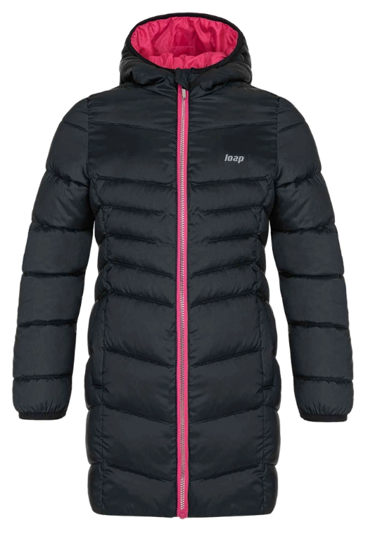 Czarna, puchowa kurtka z różowymi dodatkami