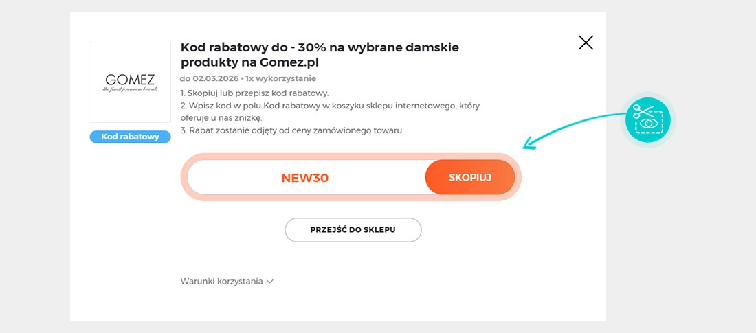 Instrukcja jak skopiować kod rabatowy dla Gomez