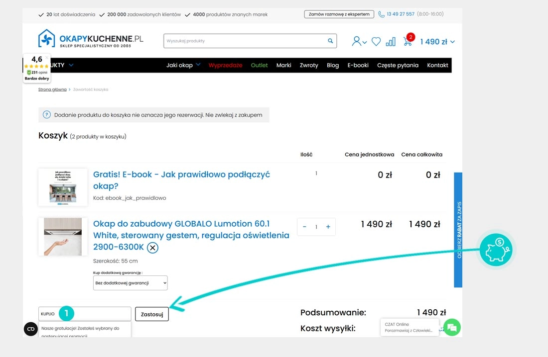 Instrukcja jak wpisać kod rabatowy w koszyku zakupownym OkapyKuchenne.pl