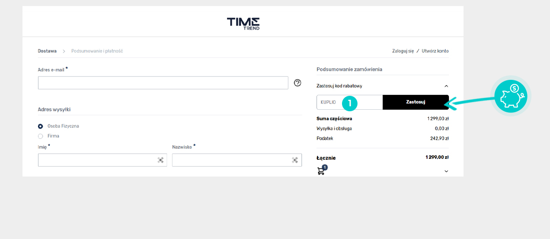 Instrukcja jak wpisać kod rabatowy w koszyku zakupownym Time Trend