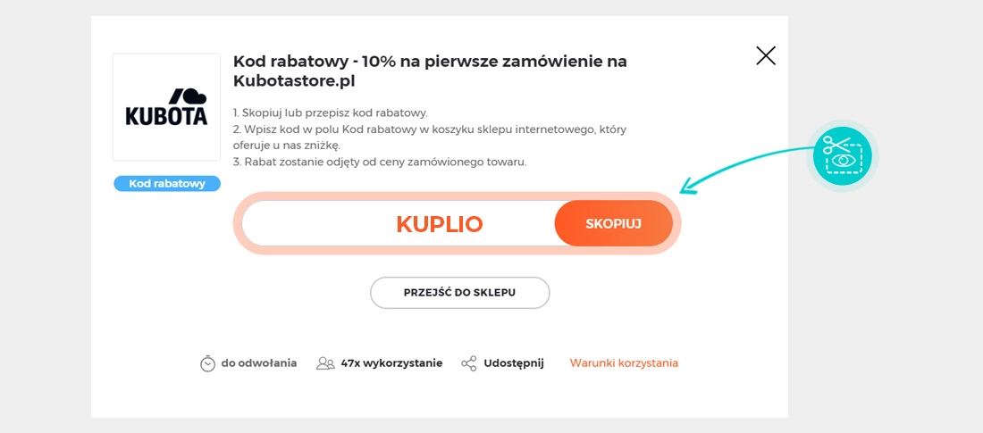 Instrukcja jak skopiować kod rabatowy dla KUBOTA
