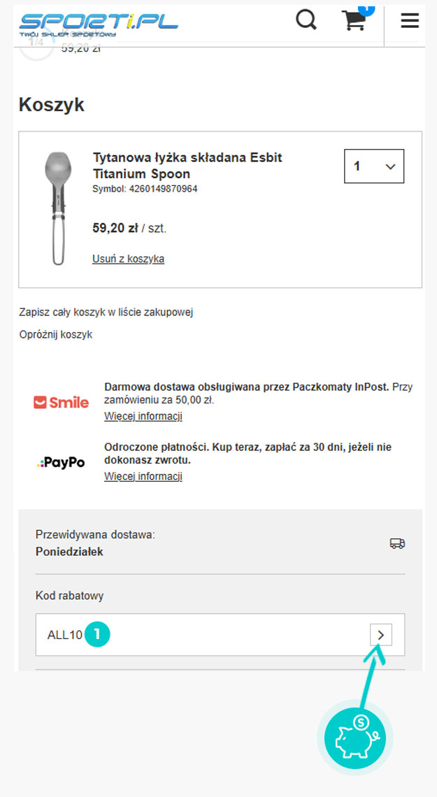 Instrukcja jak wpisać kod rabatowy w koszyku zakupownym Sporti.pl