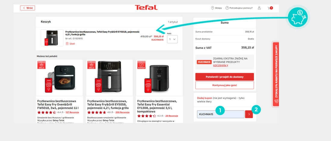 Instrukcja jak wpisać kod rabatowy w koszyku zakupownym Tefal
