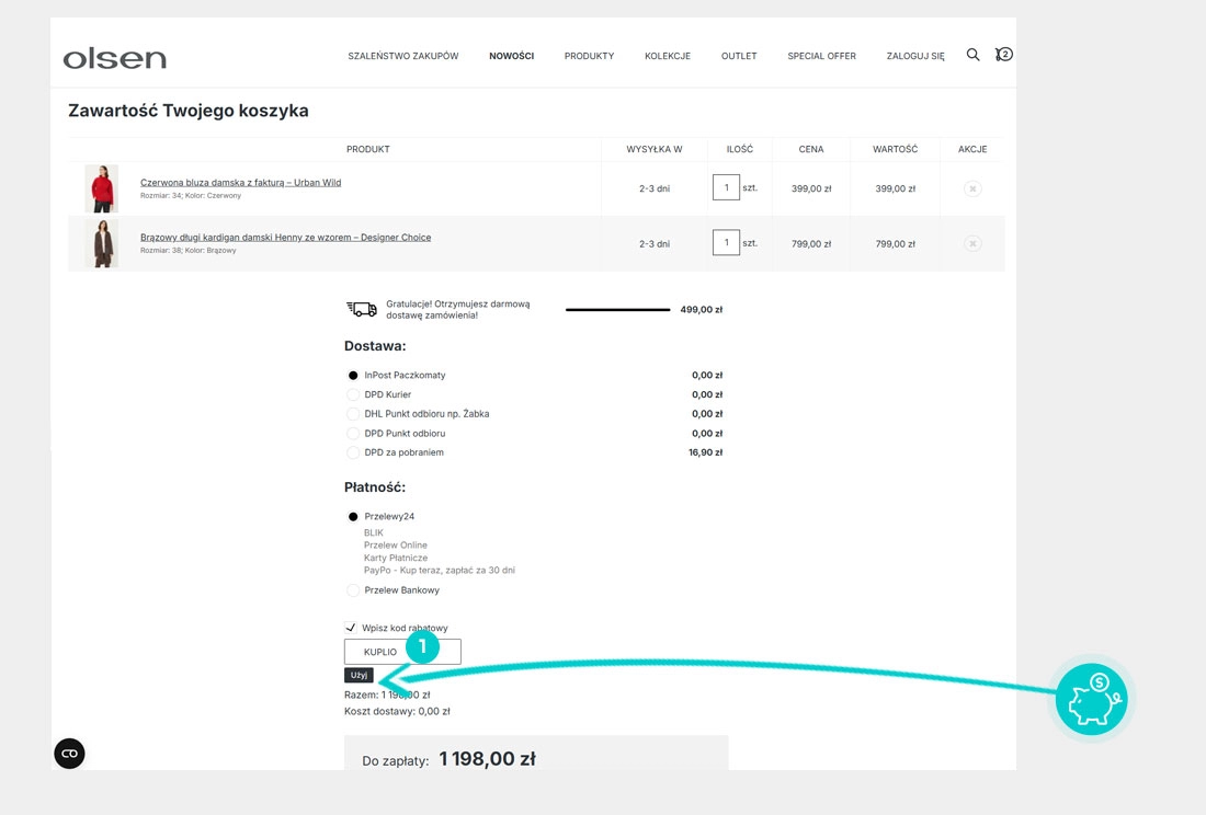Instrukcja jak wpisać kod rabatowy w koszyku zakupownym Olsen