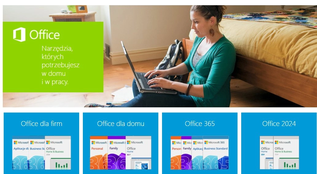 Kobieta z laptopem oraz przedstawione opisy różnych pakietów Office